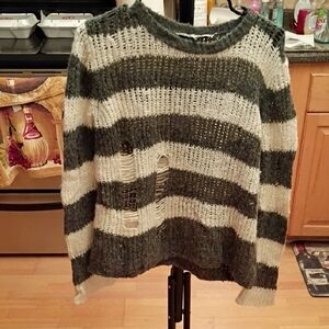 Pam & Gela Striped Gray and Cream Sweater